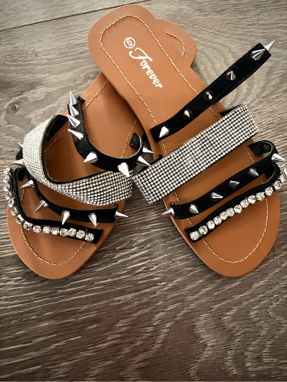 Forever 21 Black Stud and Rhinestone Multi-Strap Slide Sandals